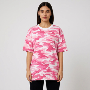 Camiseta Rosa Camuflaje para Mujer, Manga Corta, Cuello Redondo, Estampado de Camuflaje en Toda la Prenda, con Hombros Caídos, Ropa Deportiva - Product Image 1
