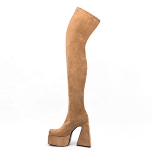 2022 New Flock Upper <b>Long</b> Square Toe Thick High Heel Shoes Boot Leisure Over Knee High Women Stretch Boots Platform Size 45 - Product Image 2