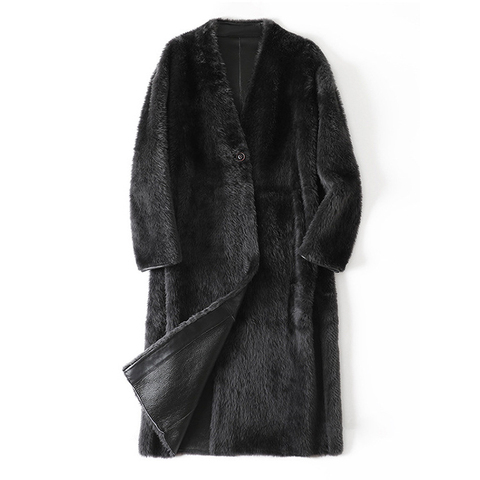 597 Winter New Arrivals Large V-neck South African Mohican Raglan Straight Wool One-button Sheepskin Fur-lined Coat for Women