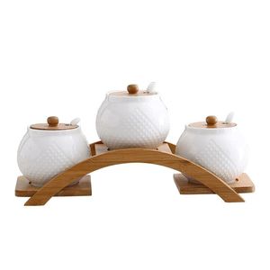 Ensemble de réservoirs d'assaisonnement en céramique Bouteille de stockage d'assaisonnement de sel <span class=keywords><strong>Msg</strong></span> domestique avec cadre en bambou et en bois - Product Image 4