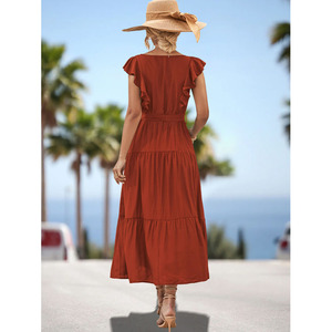 Vestito estivo nuovo arrivato abito con volant da donna elegante da donna a manica corta in tinta unita ampio abito Midi - Product Image 5