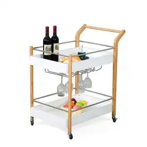 Modern Wooden Food Rack Kitchen Trolley Mobile Cart wit Wheels Restaurant Hotel 2 Tier Wine Drinks Bar Cart Serving Trolley Cart