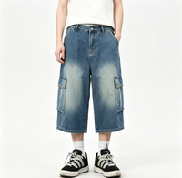 Pantaloncini in Denim Lavato da Uomo, Vestibilità Ampia, con Tasche Laterali, Stile Casual Streetwear Hip Hop