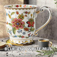 Mug en céramique bleu et blanc français avec cuillère, design moderne, écologique, tasse jetable pour couple, pour hommes et femmes, pour cadeaux