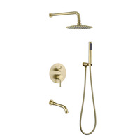Ensemble de douche mural rond doré brossé 10 pouces avec panneau de commande, mitigeur eau chaude et froide pour salle de bain