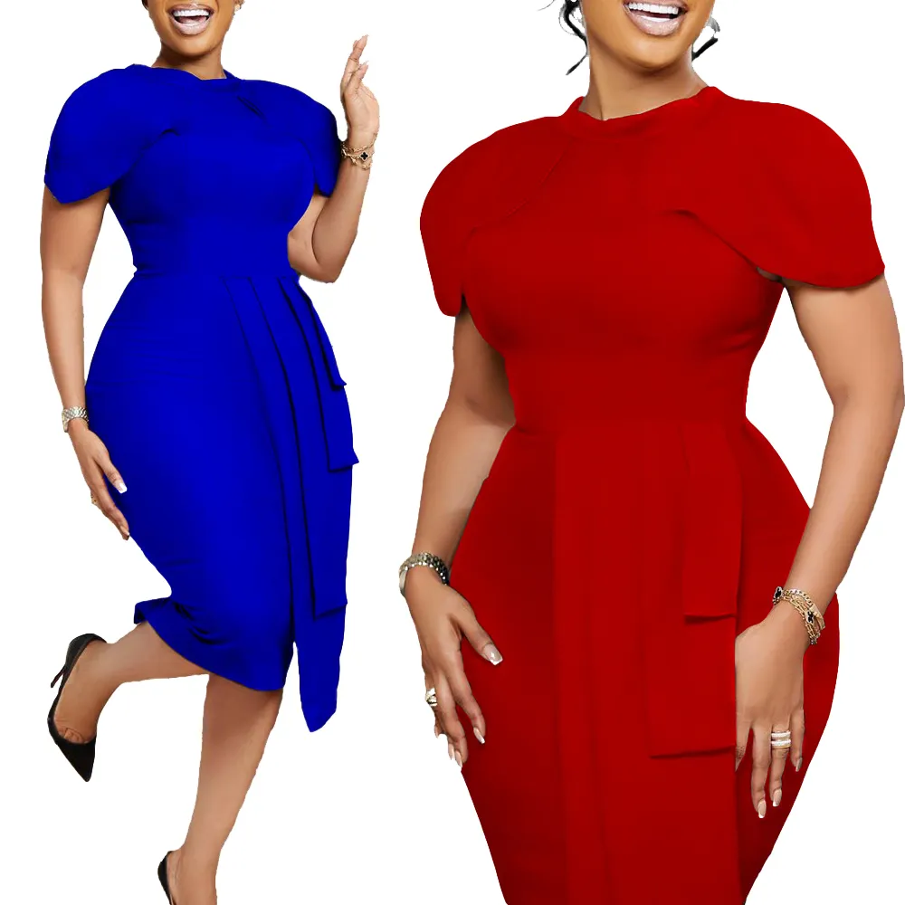 2023 Latest Womens Summer Church Dresses Solid Color Elegant Cap-Sleeve Bodycon Knee Length Simple Women Ladies Office Dress