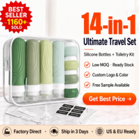 Ensemble de 14 flacons de voyage en silicone, étanches, empilables, trousse de toilette avec étui de voyage, vente en gros directe d'usine
