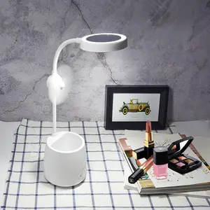 Großhandel tisch lampe studie fan-Biumart Schreibtisch lampe USB-Aufladung Augenschutz lernen 4 in 1 LED-Stift halter falten runde Make-up Spiegel Schreibtisch lampe mit Mini-Lüfter