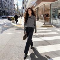 Ensemble 2 pièces gris bleu uni pour femme, pull en laine doux et extensible, jean à jambes larges, tenue décontractée vintage pour tous les jours