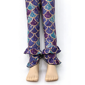 Leggings pour filles en soie de lait imprimé écailles de sirène OEM ODM, avec ourlet à volants, pantalon extensible pour tout-petits et enfants - Product Image 2