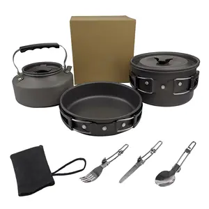 5 in 1 Aluminium Folding Handle Camping Cooker Set Cooking Pot Spoon Fork,Knife Set Portable Outdoor Cookware Set Mess Kit/