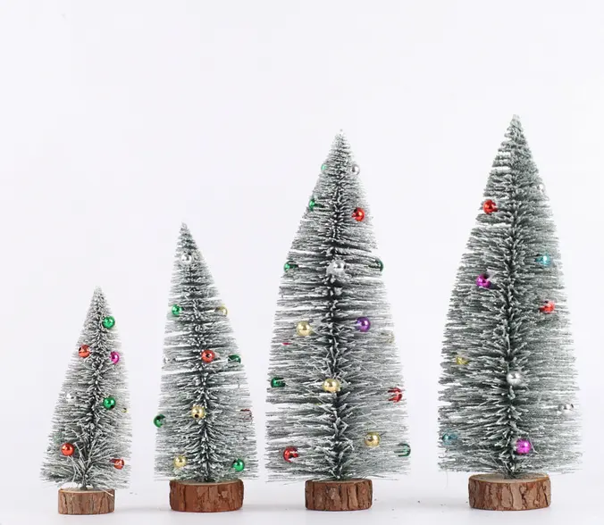 Снежные рождественские мини-елки с колокольчиком, сосновые с деревянной основой в бутылке, щетки, пластиковые зимние снежные украшения, настольные елки