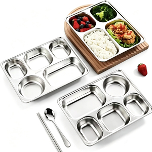 Ensemble d'assiettes à dîner divisées en acier inoxydable 304 durable avec couvercle, boîte à lunch carrée de style chinois pour l'école, le camping, l'usage domestique - Product Image 1