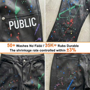 OEM Custom PU Leather Flared Jogger Pants Mens Colorful Paint Splatter Print Rivet Detail Screen Printed Streetwear Moto Pants - Product Image 2