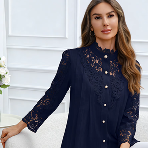 Blusa de Encaje Bordada Simple para Mujer, Primavera/Verano 2026, Talla XL, Nuevo Estilo Moderno, Manga Larga, Tejida, Disponible en EE. UU. - Product Image 1