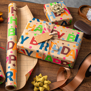 Papier d'emballage Kraft Joyeux Anniversaire, Rouleau de papier d'emballage avec lettres et étoiles colorées, recyclable, papier d'emballage cadeau imprimé offset non couché - Product Image 1