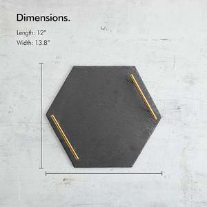 Pizarra negra natural personalizada, plato de piedra para queso, bandeja de servicio de carne de fruta con asas de acero inoxidable de <span class=keywords><strong>oro</strong></span> cepillado - Product Image 6