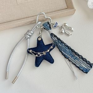 Custom Y2K Denim Blue Star Keychain Sequins Ribbon Tassel <b>Bow</b> Heart Charm Bag Pendant for Women <b>Car</b> Key Holder - Product Image 4