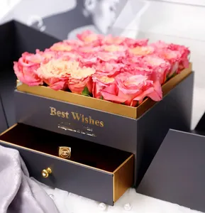 Cajón de doble puerta de acrílico, elegante y de lujo, estampado en caliente, cuadrado, portátil, arreglo de flores sorpresa, caja de regalo