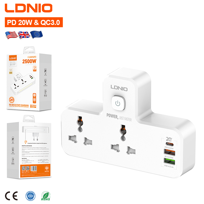CORTAPICOS LDNIO SC2311 20W 3P 2USB+1PD + 2TOMAS + LAMPARA WHITE