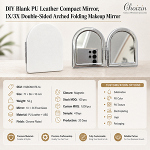 Miroir compact en forme d'arche, grossissant 1X 3X, en cuir PU, miroir de maquillage de poche, en ABS chromé, double verre HD, vente en gros - Product Image 5
