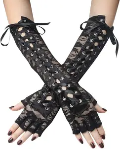 Dames Sexy Kanten Handschoenen Ellebooglengte Punk Vingerloze Goth Zwart Misa Amane Cosplay Accessoires Visnet Mesh Party Kanten Handschoenen