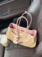 Tas Tote Anyaman Jerami Mewah untuk Wanita, Tas Tangan Kulit PU Patchwork, Tas Selempang Chic, Logo Custom, MOQ Rendah