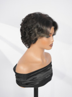 Perruque Courte en Cheveux Humains Noirs et Bruns avec Mèches, Transparente, Sans Colle, Faible Entretien, Effet Amincissant Rétro