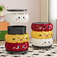 Poubelle ronde en plastique avec motif de chat de dessin animé, avec roulettes au fond, couvercle rabattable mobile, épaisse et mignonne