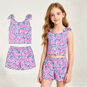 Custom Casual Spring Autumn Stay Salty Print Cotton Spandex Worsted Kids Scallop Edge T-Shirt Shorts 2 Pieces Outfits <b>Sister</b> - Product Image 2