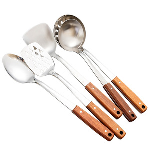 Ensemble spatule et cuillère en acier inoxydable, 2 pièces, manche en bois épais, ustensiles de cuisine robustes pour la cuisson - Product Image 5