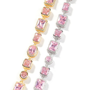 Bracciale Hip Hop con Zirconi Rosa <span class=keywords><strong>da</strong></span> 10mm, Placcato Oro/Argento, Catena Iced Link in Ottone, Estensore Regolabile, Gioielli Lucidi all'Ingrosso - Product Image 5