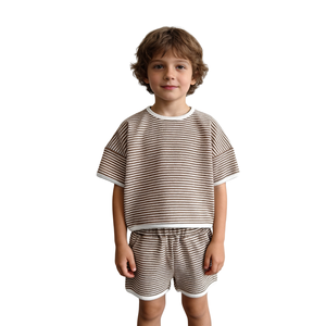 Summer Baby Boys Girls Striped Waffle Short Sleeve Top Shorts Contrast Color <strong>Kids</strong> Daily Two Piece Set - Product Image 2