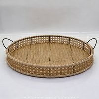 Panier de rangement rond en rotin naturel tressé à la main avec poignée pour fruits et dim sum, plateau de rangement pour bureau