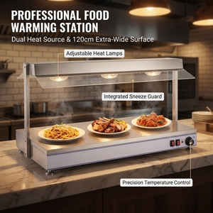 Commercial Countertop Food Warmer 120x50cm Stainless Steel Buffet Warming Station with Heat <b>Lamp</b> and Sneeze Guard - Product Image 2