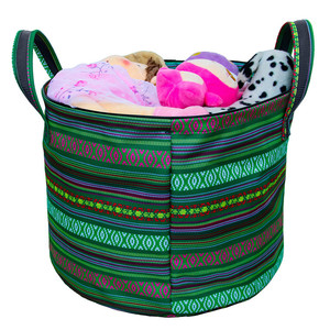Striped Laundry <b>Basket</b> Round <b>Foldable</b> Polyester Clothing Organizer Storage Bucket For Home Use - Product Image 2