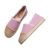 Sepatu Espadrilles Wanita Terbaru Warna Pink, Model Mules Kanvas Berumbai, Desain Tertutup, Slip On, Platform Anyaman Jute, Cocok untuk Musim Panas