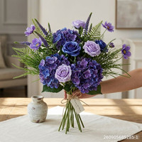 Buket Bunga Sintetis Realistis Warna Ungu Gradasi, Bunga Sutra Hydrangea Cosmos Lavender Plastik untuk Hari Ibu