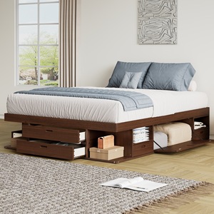 Lit plateforme avec rangement, cadre en bois de noyer, plusieurs tiroirs et étagères, meubles de chambre à coucher - Product Image 2