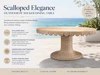 Table de jardin ronde de style côtier, en rotin PE tressé à la main avec bord festonné, pour mobilier de patio et de jardin de luxe