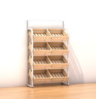 Modern gebogen metalen draadrek voor fruit & groenten, met houten kratten in antraciet, 4-planken, extra stevig supermarkt rek