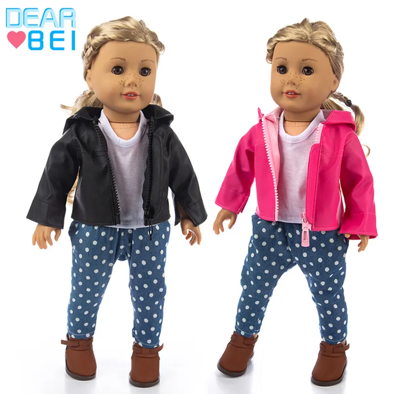 Moda Ceket Deri Üç Parçalı Takım Moda oyuncak bebek giysileri, 18 Inç Amerikan Kız oyuncak bebek giysileri, serin Seti Oyuncak Bebek oyuncak bebek giysileri