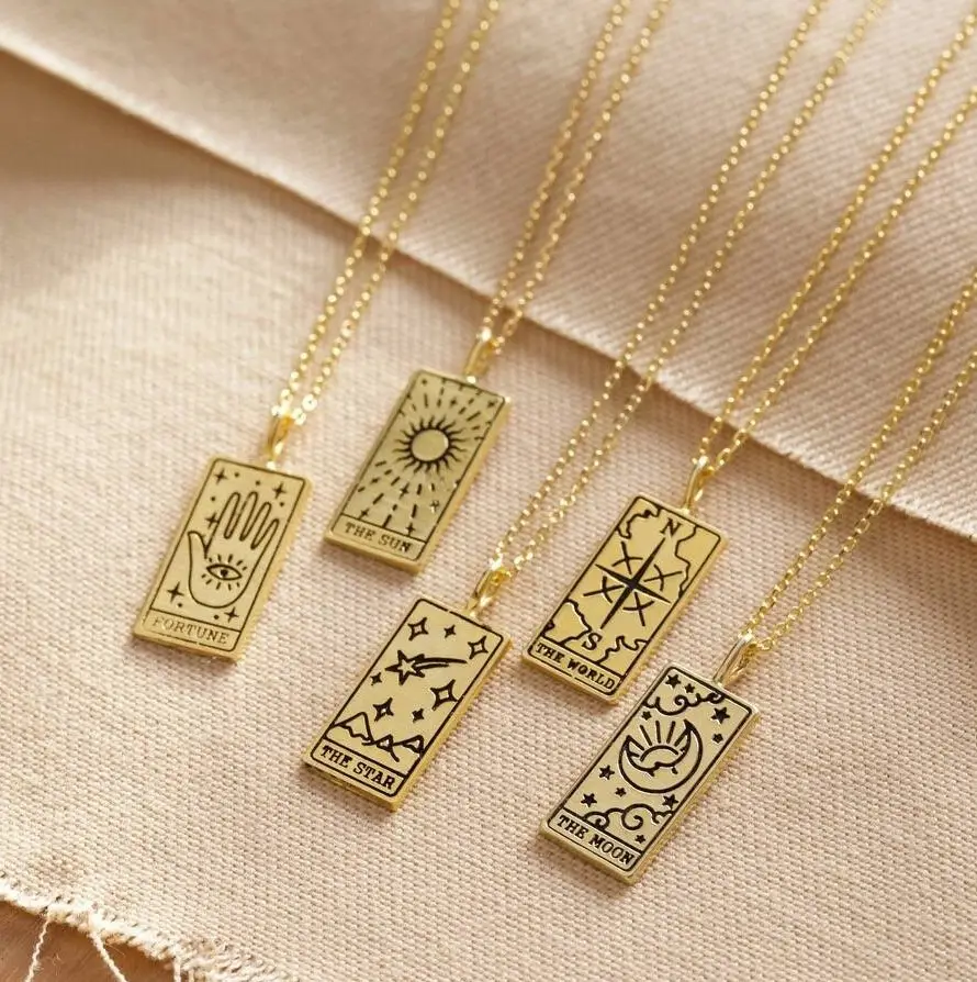 Retro Tarot card stainless steel pendant necklace Tarot card jewelry 18K real gold plating