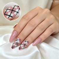 Faux ongles à presser en gros, motif Argyle à carreaux, forme amande, rose nude, réutilisables, avec logo personnalisé, pour le bureau