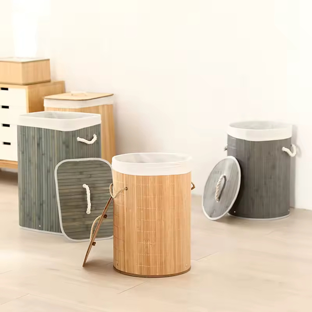Round Foldable Bamboo Large Capacity Dirty Clothes Storage Laundry Basket With Lid Handle