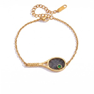 Bracciale con Charm a Forma di Racchetta da Tennis in Acciaio Inox, Placcato Oro con Stella e Perla, Gioielli Sportivi Impilabili per Donne - Product Image 5