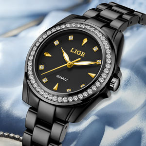 LIGE LG89276 Reloj de cerámica negra para mujer Reloj de pulsera Diamante Cristal Analógico Impermeable Vestido elegante Reloj de cuarzo luminoso - Product Image 6