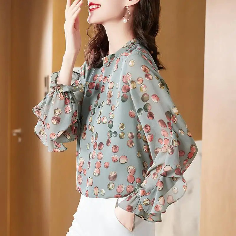 Blusa informal de manga larga con estampado de lunares para primavera y verano, camisa con cuello alto y volantes para mujer, 2022