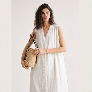 Muguyu Abito midi lungo a trapezio in 100% lino vintage senza maniche con scollo a V in <span class=keywords><strong>pizzo</strong></span> e motivo floreale 260604014 - Product Image 3