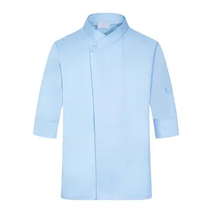 Kustom baru dipersonalisasi bordir kelas atas biru koki pria jaket dapur mantel pakaian seragam lengan pendek